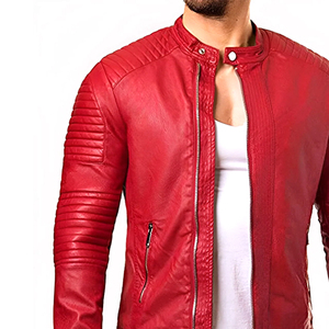 Veste de moto en cuir d'agneau véritable rouge pour homme de qualité supérieure, col montant, fermeture éclair, style motard, coupe-vent - Product Image 4