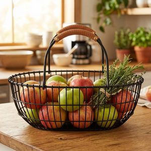 Handmade Metal Wire <b>Basket</b> with Black Tan Leather Grips Leather Wrap 34 cm Oval Market <b>Basket</b> Home Decor Hotel Wedding <b>Table</b> - Product Image 2