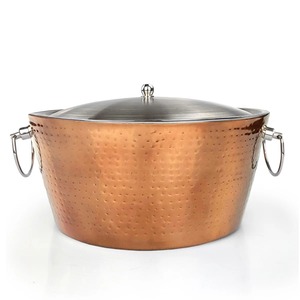 Copper Hammered Ice <b>Bucket</b> with Silver <b>Lid</b> and Ring Handles Round Handmade Beverage Cooler Tub - Product Image 3