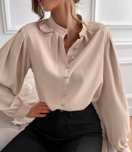 Chemisier en satin et mousseline uni pour femme, col rabattu, élégant, brodé, idéal pour le bureau, collection printemps-été, vente en gros - Product Image 5