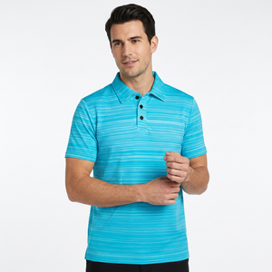Men's <b>Blue</b> Striped Knitted <b>Polo</b> <b>Shirt</b> Short Sleeve Quick Dry Casual 100% Polyester - Product Image 6