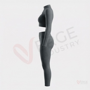 Women's Dark Grey High Neck Cut Out Crop <b>Top</b> <b>Long</b> Sleeve <b>Leggings</b> Set - Product Image 3