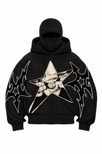 Sweat à capuche zippé oversize noir pour homme, style streetwear, imprimé motif étoile, manches classiques, en coton tricoté, idéal pour l'automne - Product Image 1
