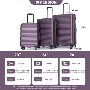 3 Piece ABS Lightweight Luggage Sets <b>Purple</b> Spinner Wheeled <b>Suitcase</b> with TSA Lock (20/24/28) Inches Two Hooks Included - Product Image 3