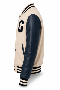 Veste universitaire unisexe, corps en toile, manches en laine/polyester, patchwork, patch lettre G sur le devant, style preppy, col rabattu, hiver - Product Image 3