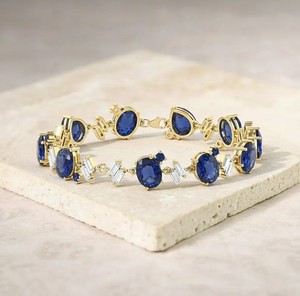Pulsera con Dije de Zafiro Azul Cultivado en Laboratorio, Corte Ovalado, Plata de Ley 925, Oro, Elegante, Piedra de Nacimiento de Septiembre, Joyería Hecha a Mano para Fiestas - Product Image 1