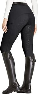 Pantalones de montar de mezclilla de punto de cintura media con agarre de silicona en toda la asiento y elásticos para mujer - Product Image 3