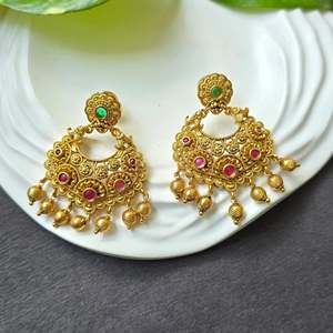 Chandbali Pearl Diamond Drop Earrings-Vintage Gold Plated Wedding Party Jewelry - Product Image 1