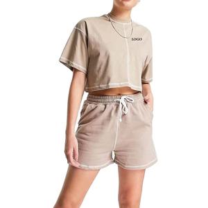 Conjunto de dos piezas de algodón para mujer: camisa de manga corta y pantalones cortos casuales sueltos con cordón, cuello redondo - Product Image 5