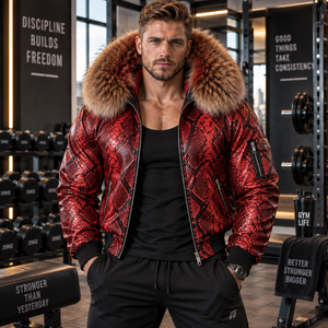 <b>Men's</b> High Quality Python Leather Biker Jacket Fox Fur Hood Designer Bomber <b>Coat</b> | Herren Lederjacke | Chaqueta Hombre Cuero - Product Image 1