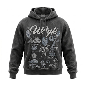 เสื้อฮู้ดดี้สตรีทแวร์ทรงโอเวอร์ไซส์ ผ้าฝ้ายหนานุ่ม คุณภาพสูง ไซส์อเมริกา สำหรับผู้ชาย ล้างสีแบบแอซิดวอช ปักลายโลโก้ตามสั่ง แฟชั่น - Product Image 1