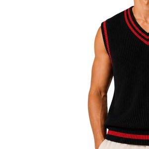 Gilet pull en maille pour homme, noir et rouge à rayures contrastées, col en V, sans manches, décontracté, léger, personnalisable avec logo, fabrication OEM - Product Image 3
