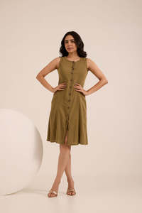 OLIVE COTTON DENIM DRESSO-Neck Sleeveless Midi <b>Dress</b> With Button Front And Slit Fitted Sheath Casual Daily Wear Olive Green Wove - Product Image 3