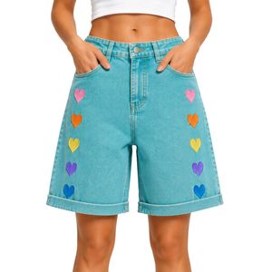 Shorts en jean pour femme, taille haute, coupe ample, ourlet retroussé, en coton, brodés cœur arc-en-ciel bleu aqua, style décontracté, mode été - Product Image 1
