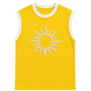 Camiseta sin Mangas Amarilla con Diseño de Sol Bordado en Blanco, Chaleco Casual de Verano para Mujer, Cuello Redondo, Tops de Moda Personalizados OEM - Product Image 1