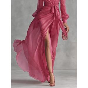 Vestido Largo de Gasa Rosa Elegante Hecho a Mano de Alta Calidad con Cuello en V Profundo, Manga Abullonada, Lazo Cruzado, Abertura en el Bajo, Ajuste Delgado, Sencillo y Ecológico - Product Image 4