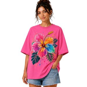 Camiseta Extra Grande Rosa Intenso para Mujer con Estampado Gráfico de Flor de Hibisco Colorida, Camiseta Casual de Algodón para Verano, Personalizada OEM ODM al por Mayor - Product Image 1