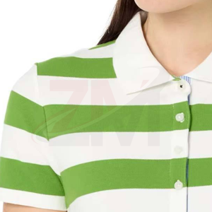 Polo rayé pour femme, manches courtes, vert et blanc, tissu tricoté décontracté, piqué 100% coton, grande taille, respirant, vente en gros - Product Image 4