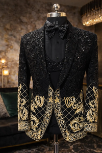 Costume de smoking noir de luxe pour homme avec broderie dorée – Blazer de soirée de mariage avec gilet et nœud papillon - Product Image 3