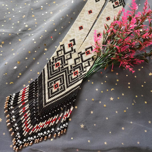 Trending Ukrainian Gerdan Necklace, Beige Ethnic <b>Beaded</b> Bib Necklace, long Necklace Ukrainian Necklace with Earring - Product Image 1