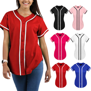 Camiseta de béisbol para mujer, manga corta, con botones, cuello en V, transpirable, uniforme de poliéster en rojo, negro, rosa, blanco y azul - Product Image 1