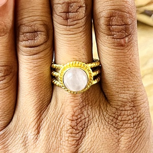 Trendy Rose Quartz <b>Rings</b> Boho Brass Band Jewelry for Women 18k <b>Gold</b> Plated Antique Tribal Twist Halo Design for Wholesale/OEM - Product Image 6