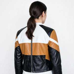 Blouson de motard en cuir véritable pour femme, col montant, fermeture éclair, style color block, court - Product Image 3