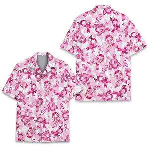 Camisa hawaiana con lazo rosa para mujer, camiseta de apoyo al cáncer de mama, camisa de playa para vacaciones de verano, linda camisa con botones con estampado floral y de mariposas - Product Image 5