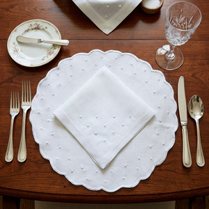 Custom Embroidered Luxury White Dots Circle <b>Placemats</b> Napkins Sets Washable Scallop Border Linen Mats for Weddings Home - Product Image 1