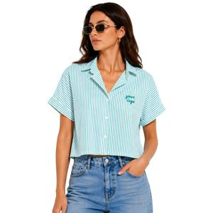 Camisa corta a rayas verde menta y blanca personalizada para mujer, con logotipo bordado personalizado, manga corta, abotonada, informal, blusa de verano, OEM - Product Image 1