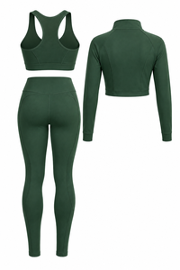 Conjunto Deportivo de Tres Piezas Verde Bosque para Mujer: Sujetador Deportivo, Leggings Ajustados de Cintura Alta y Chaqueta Corta con Cremallera de Secado Rápido para Gimnasio - Product Image 2