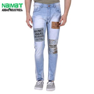 Jeans slim fit homme en denim bleu clair, coton délavé, patchwork, style streetwear décontracté, pour les marchés américain et britannique - Product Image 1