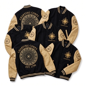 Blouson universitaire en laine gris ardoise avec broderie à cadran de mesure céleste et manches en cuir crème, style bomber, vente en gros - Product Image 2