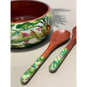 Bol de service en bois d'acacia émaillé imprimé avec cuillères pour salade, fruits, vaisselle, bol de service de qualité supérieure pour ustensiles de cuisine - Product Image 2