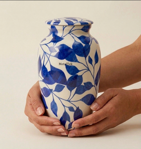 Blue Leaf Cremation Urn Handmade Aluminum Adult Funeral Urns <b>Thread</b> <b>Lock</b> Lid Velvet Base Decorative Memorial Ashes Metal Jars - Product Image 4