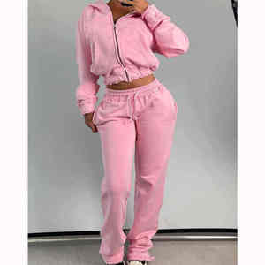 Conjunto de 2 Piezas para Mujer, Chaqueta Corta con Cremallera y Pantalones Deportivos de Invierno, Color Rosa, Forro Polar, Ropa Casual - Product Image 6