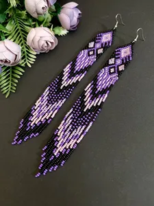 Pendientes largos de moda de alta calidad, pendientes bohemios con flecos, pendientes étnicos, pendientes morados y negros, pendientes adornados PARA CUMPLEAÑOS - Product Image 5