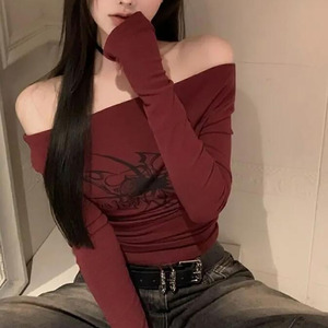 Gothic Red Off Shoulder Long <b>Sleeve</b> <b>Crop</b> <b>Top</b> With <b>Black</b> Print Pattern Slim Fit Knitted Women's T-Shirt - Product Image 2