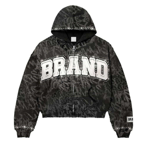 Sweat-shirt unisexe vert à capuche et fermeture éclair avec logo de marque en strass, coupe ample, style streetwear, pour l'automne - Product Image 2