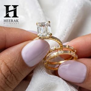 Trendy Elongated Emerald Cut Wedding <b>Ring</b> <b>Set</b> Heavy 3 Layer Interlocking Step Cut Band 10K 14K Yellow <b>Gold</b> Jewelry - Product Image 6