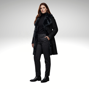 Manteau long d'hiver de luxe en daim noir à capuche en peau de mouton Toscana pour femme - Product Image 4