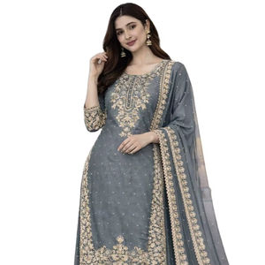 2026 Salwar Kameez pakistanais en Georgette de soie émeraude, richement brodé de Zari argenté, à séchage rapide, prêt-à-porter, robe de cérémonie - Product Image 1