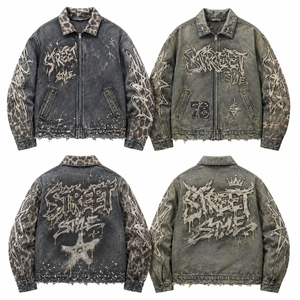 Veste en jean délavée style streetwear personnalisée, imprimé graphique vintage, effet usé, fermeture éclair, décontractée, unisexe - Product Image 1