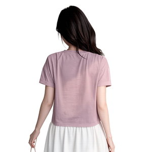 Top corto moderno color malva con costura diagonal, camisa de mujer con abertura lateral, top de punto personalizado de manga corta para uso diario. - Product Image 2
