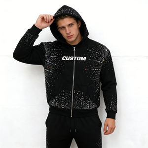 Sudadera con capucha para hombre, de invierno, estilo vintage, tejida, moderna, negra, de forro polar suave, con pedrería, con cremallera, extragrande, para uso diario, informal, para fiestas y estilo urbano - Product Image 2