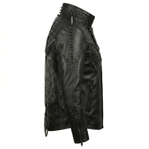 Chaqueta de Cuero Negra con Cadenas y Púas Estilo Gótico Punk para Hombre, Abrigo con Gráficos de Vitral de Catedral, Venta al por Mayor de Fábrica, Servicio Personalizado OEM ODM - Product Image 3