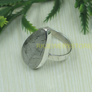 Anillo de Cuarzo Rutilado Negro, Plata de Ley 925, Hecho a Mano, con Gema en Forma de Lágrima, Anillo de Diseño, Regalo de Joyería para Mujer - Product Image 4