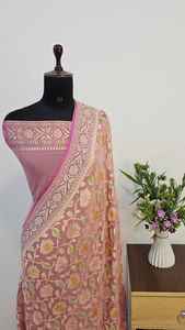 Sari en Chiffon Georgette Khaddi Banarasi Pur, Teinture au Pinceau Rangkat, Semi-Tissé à la Main, Luxe, Vêtement de Mariage Indien, Tenue Traditionnelle de Fête - Product Image 2