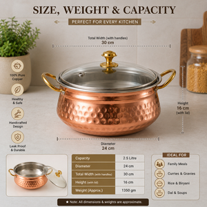Hammered Copper Casserole Cooking <b>Pot</b> with Glass Lid Double Handles Traditional Handi Serving Cookware Hotel Restaurant Catering - Product Image 5