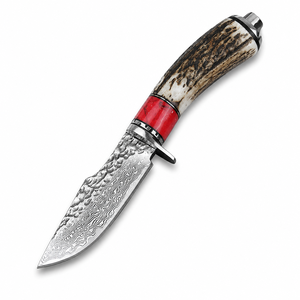 Couteau artisanal en acier Damas avec manche en corne, lame fixe à pointe tombante et bord droit, avec étui en cuir - Product Image 6